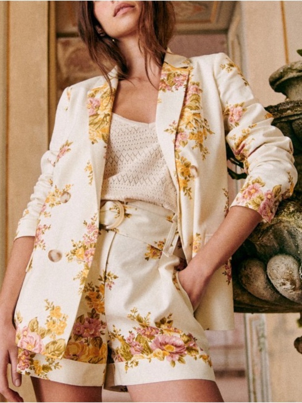 SEZANE Ecru Yellow Pink Rose Floral Double Breasted Linen Christie Blazer Jacket